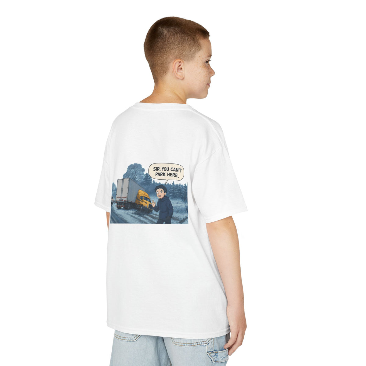 Purple kids' T-shirt from Printify featuring a humorous truck design with the text "Sir, You Can't Park Here!"