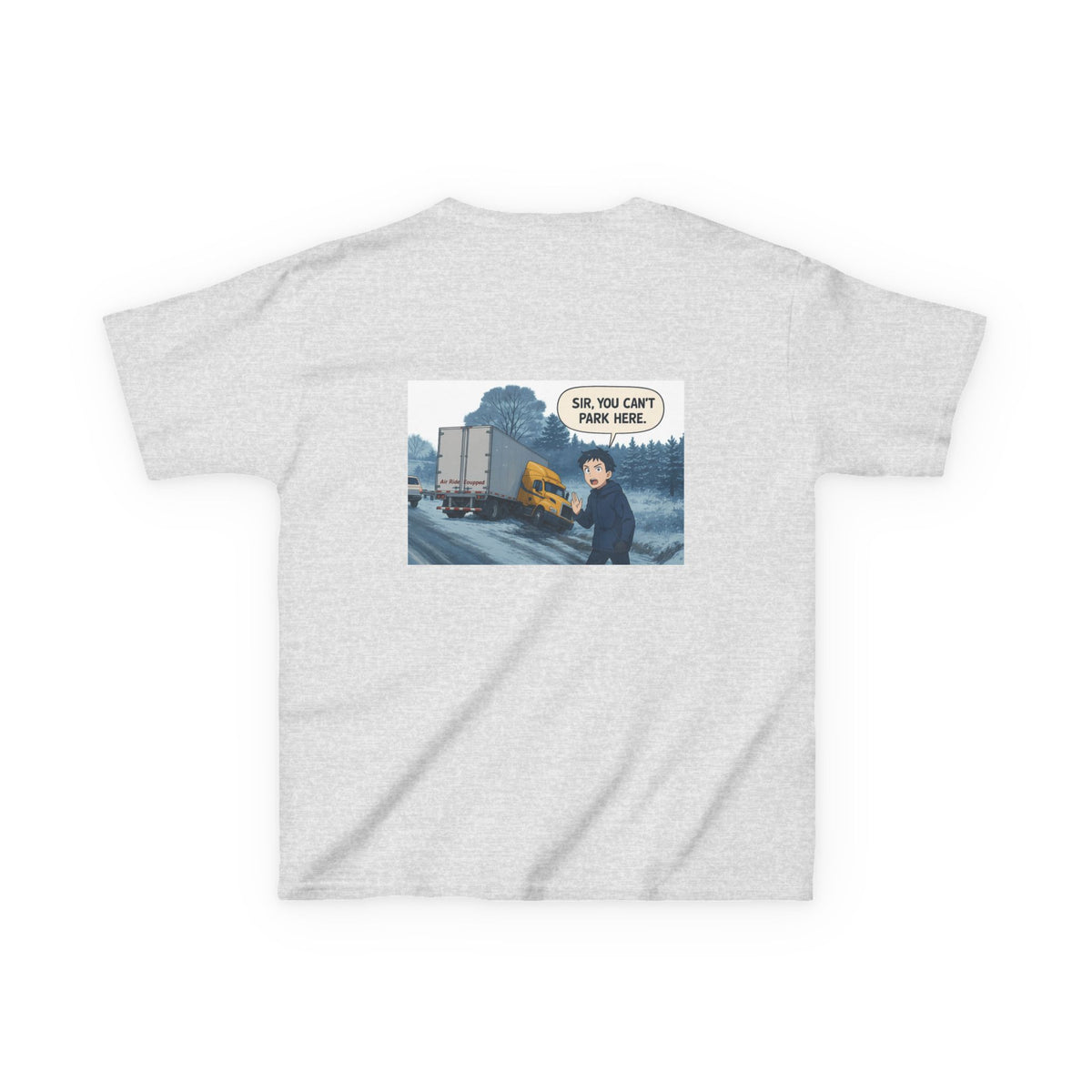 Purple kids' T-shirt with a humorous truck design, featuring the phrase "Sir, You Can't Park Here!" by Printify.