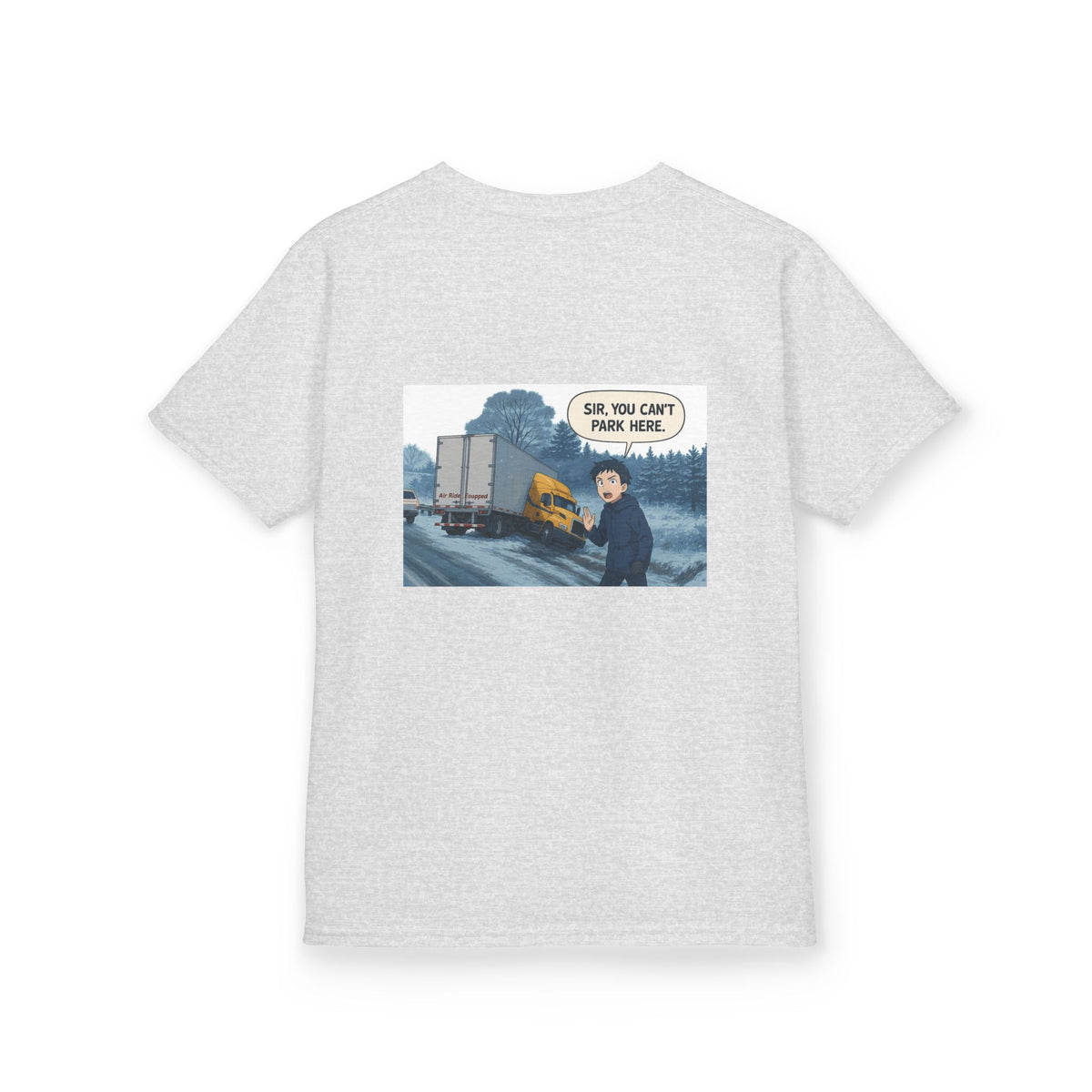 Purple kids' t-shirt with a truck design and humorous "Sir, You Can't Park Here!" slogan, by Printify.