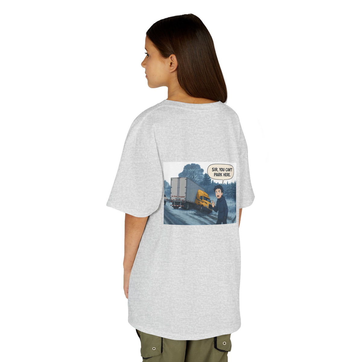 Purple kids' T-shirt with a truck design and humorous "Sir, You Can't Park Here!" text, from Printify kids' clothing collection.