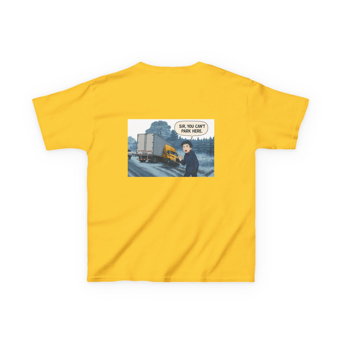 Purple kids' T-shirt with a truck design and humorous "Sir, You Can't Park Here!" print, from Printify kids clothing collection.