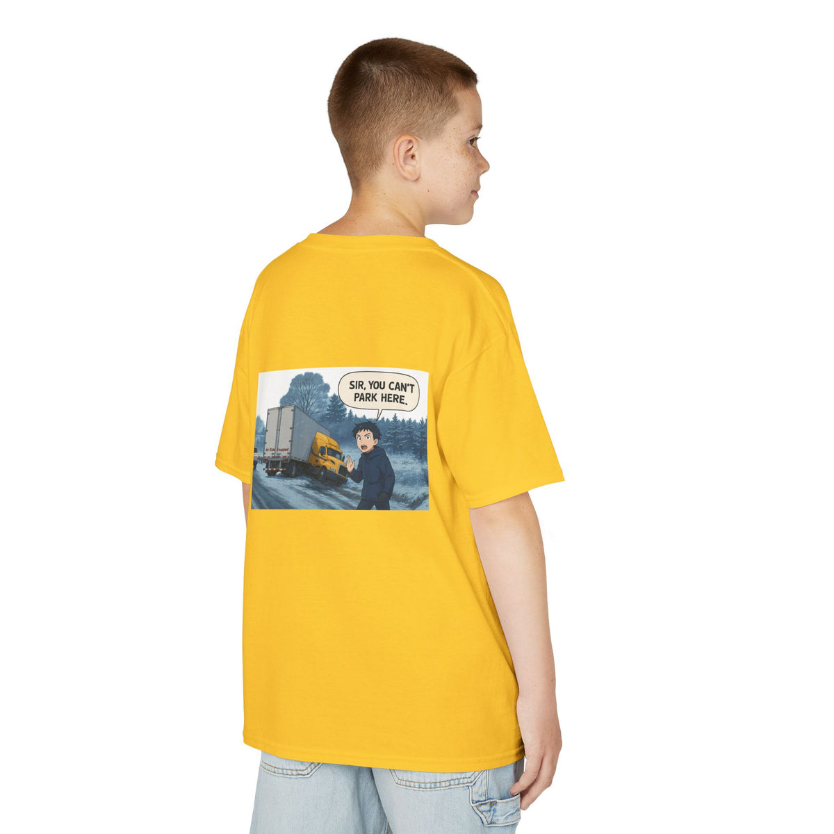 Purple kids' t-shirt by Printify featuring a humorous truck design and the phrase "Sir, You Can't Park Here!"