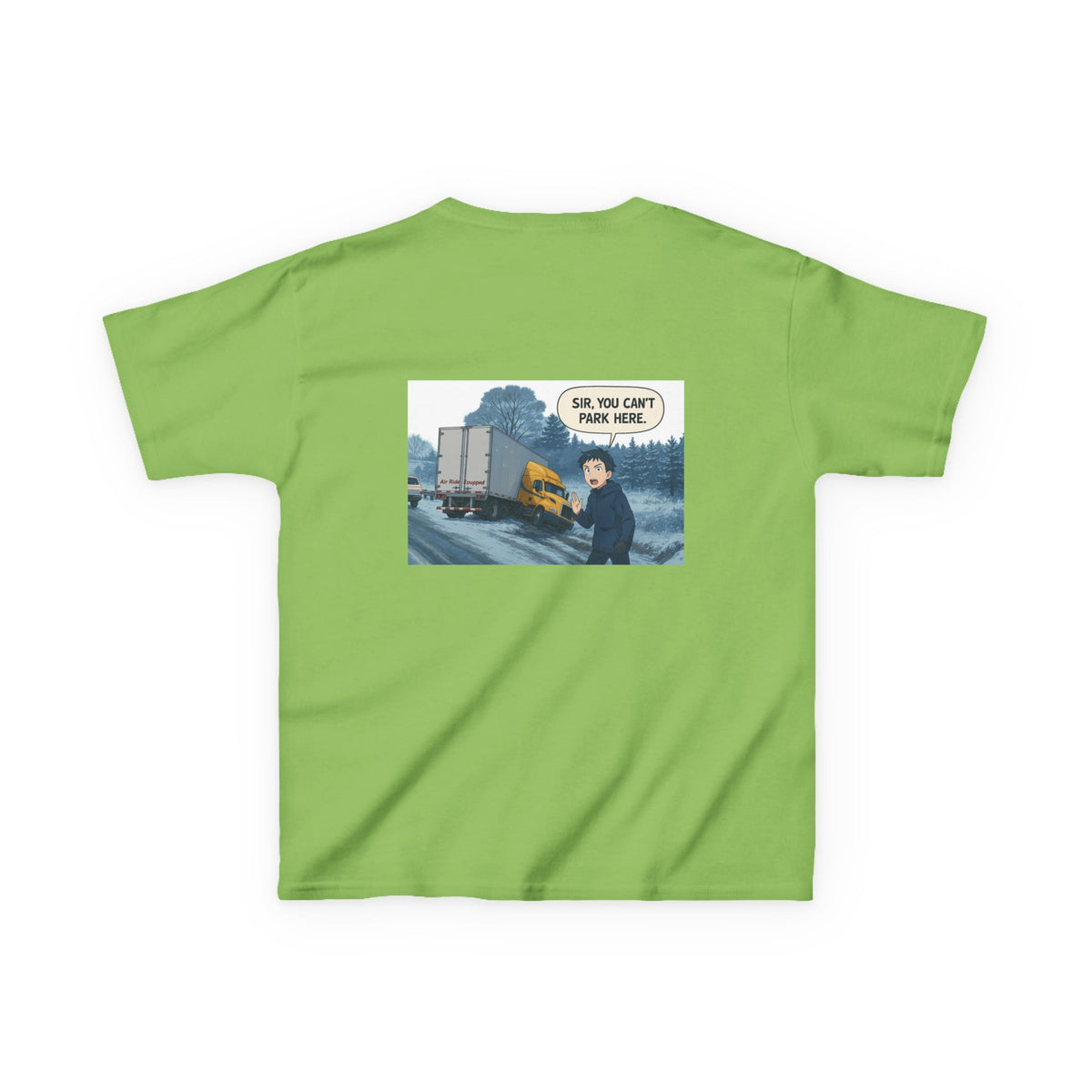 Purple kids' T-shirt from Printify featuring a truck design and humorous "Sir, You Can't Park Here!" slogan.