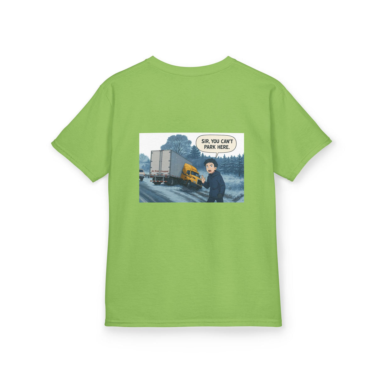 Purple kids' t-shirt by Printify featuring a humorous truck graphic and the phrase "Sir, You Can't Park Here!"