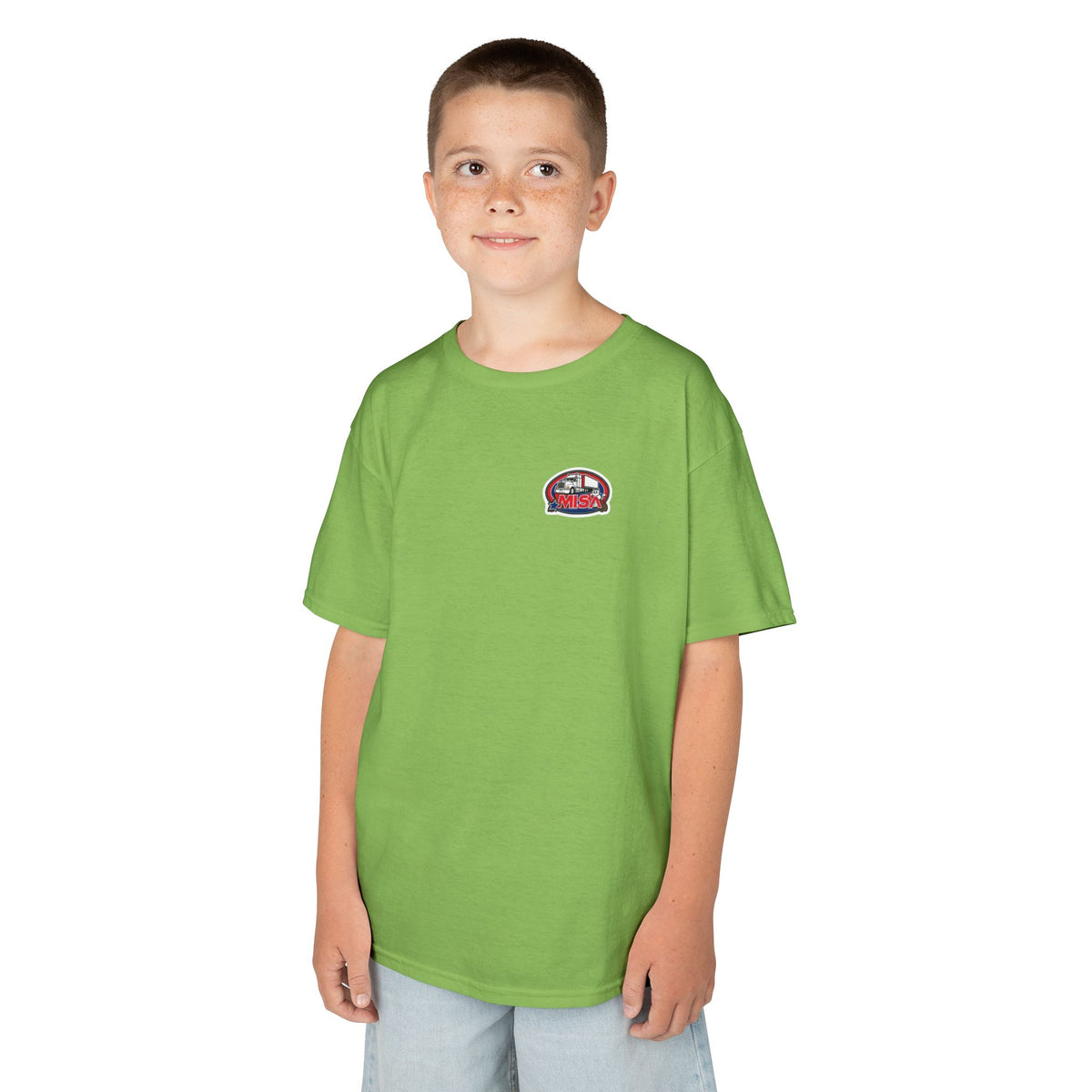 Purple kids' T-shirt by Printify featuring a humorous truck design with the text "Sir, You Can't Park Here!"