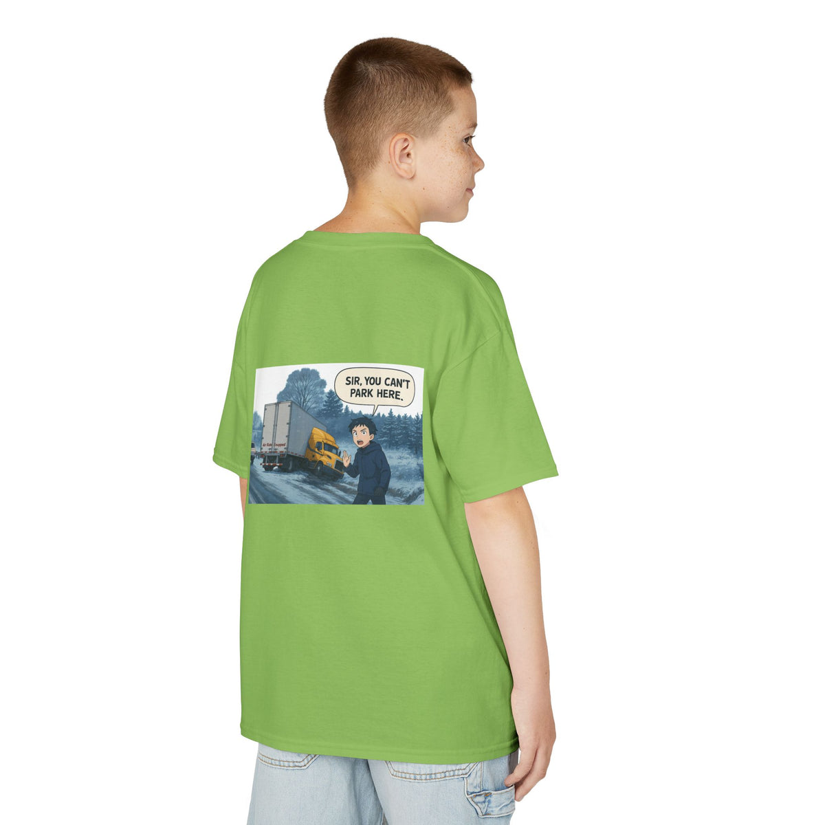 Purple kids' T-shirt with a truck design and humorous "Sir, You Can't Park Here!" text, by Printify.