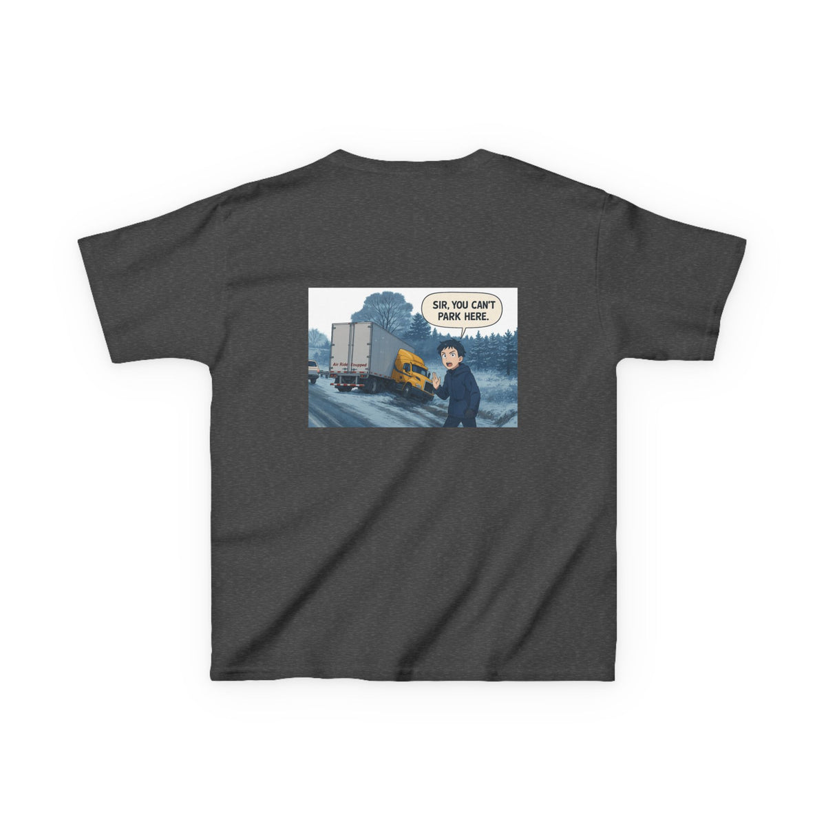 Purple kids' T-shirt from Printify featuring a humorous truck design and the text "Sir, You Can't Park Here!"