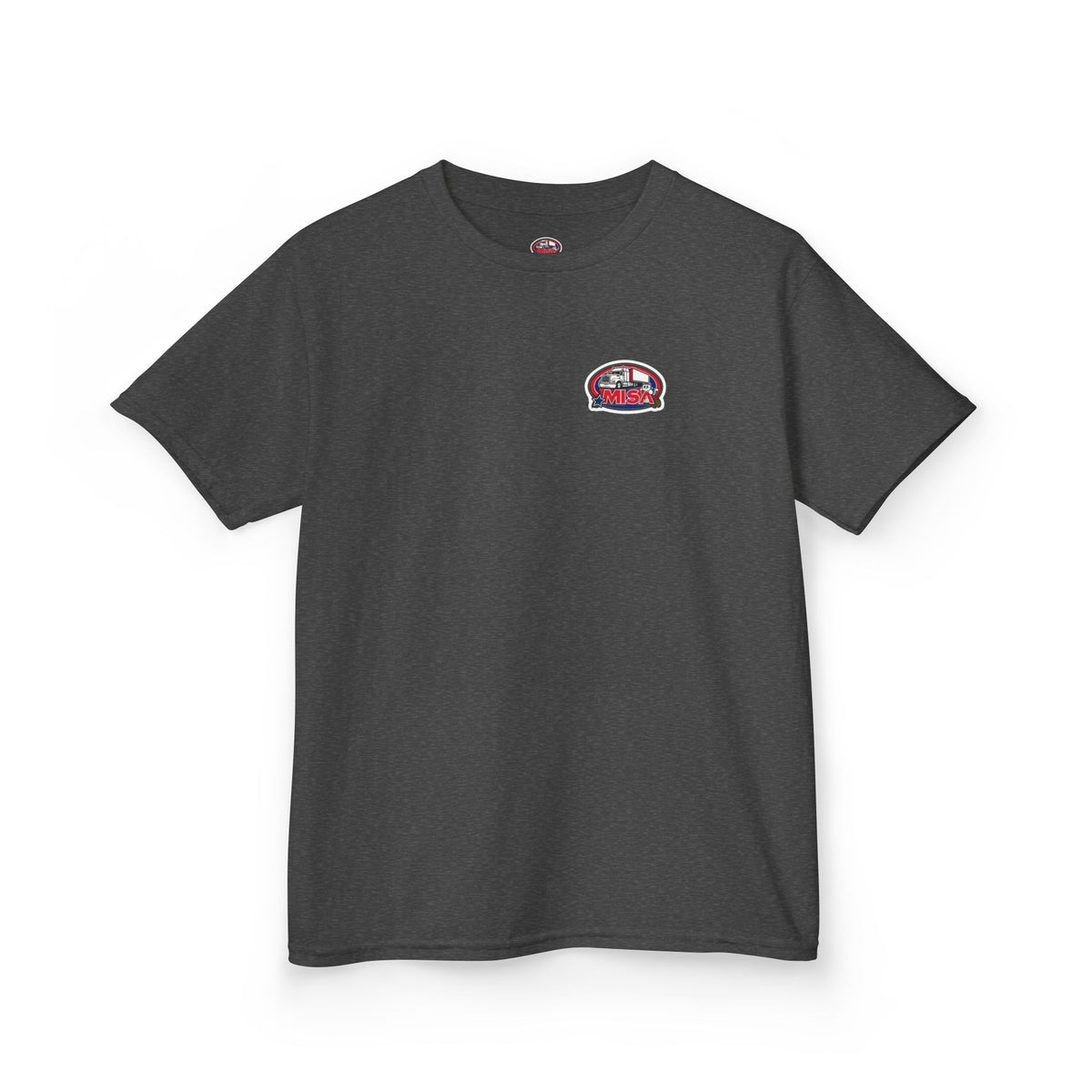 Purple kids' t-shirt with a truck design and humorous "Sir, You Can't Park Here!" print, by Printify.