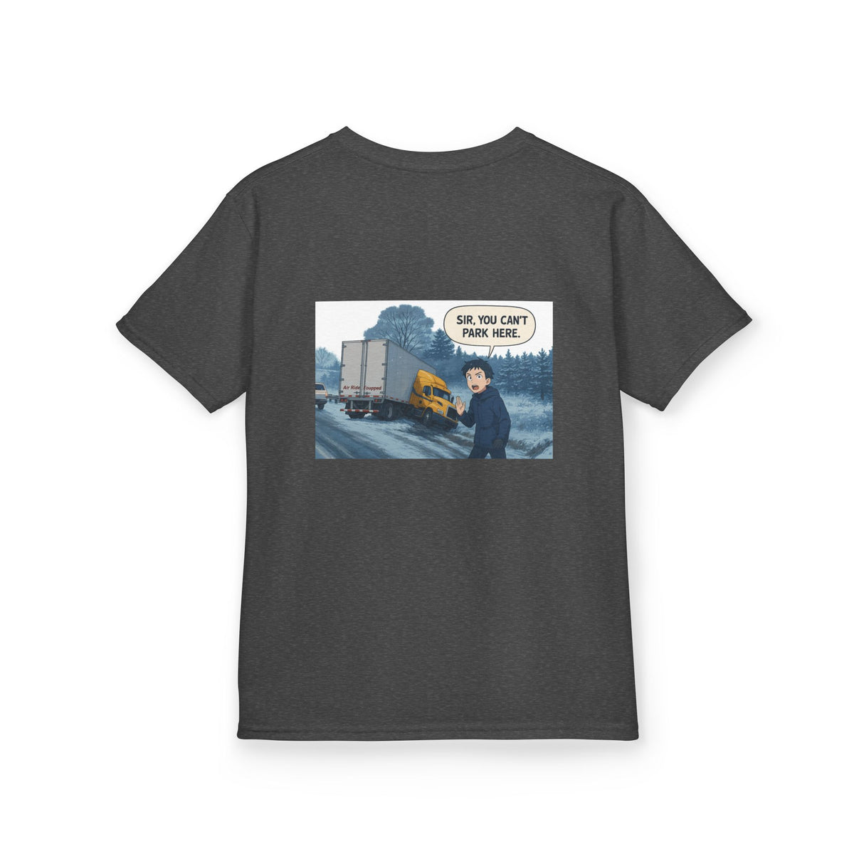 Purple kids' T-shirt with a humorous truck design, featuring the phrase "Sir, You Can't Park Here!" from Printify.