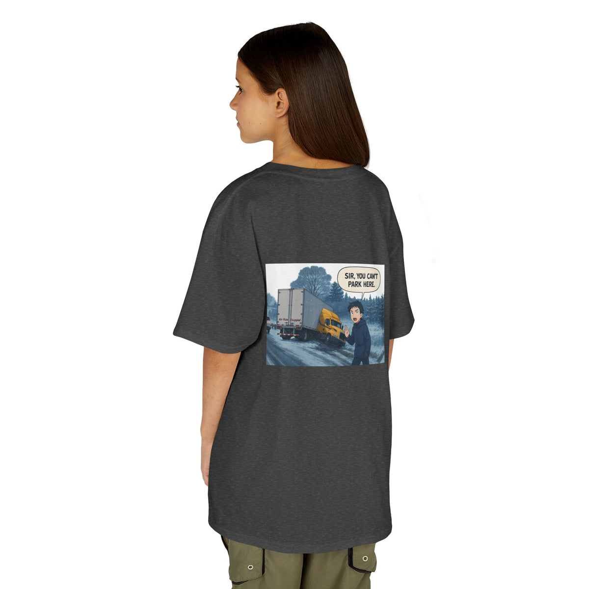 Purple kids' T-shirt from Printify featuring a truck design with humorous "Sir, You Can't Park Here!" print.