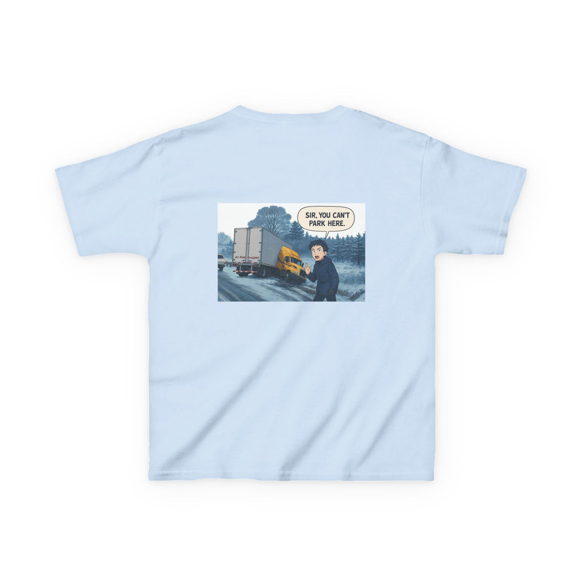 Purple kids' T-shirt with a truck design and humorous "Sir, You Can't Park Here!" slogan, made by Printify.