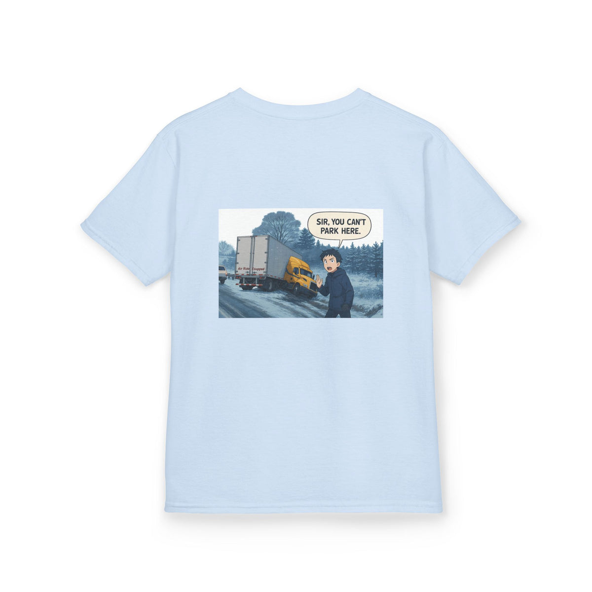 Purple kids' T-shirt by Printify featuring a humorous truck design and the phrase "Sir, You Can't Park Here!"