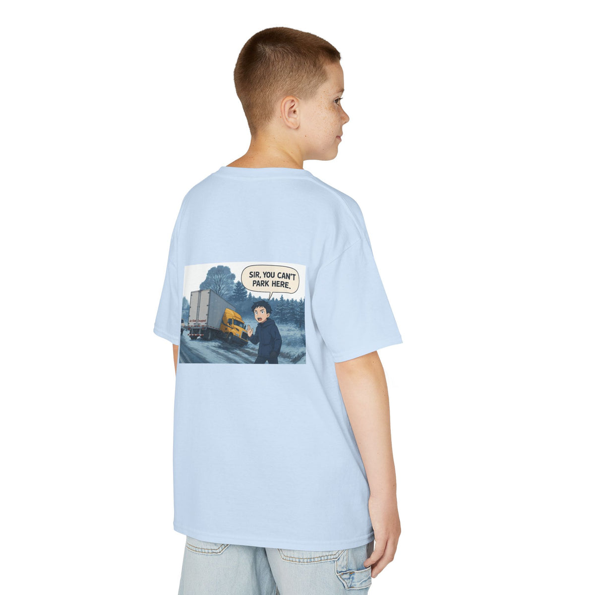 Purple kids' T-shirt with a truck design and humorous "Sir, You Can't Park Here!" print, by Printify.