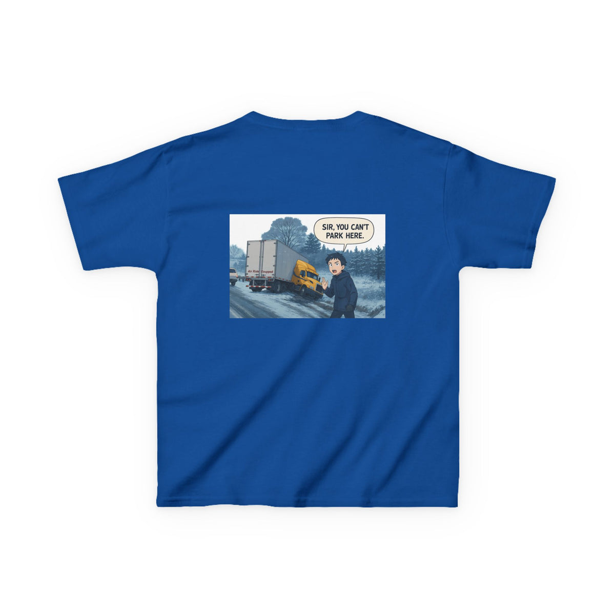 Purple kids' T-shirt by Printify featuring a humorous truck design with the text "Sir, You Can't Park Here!"