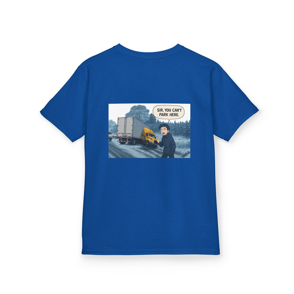 Purple kids' T-shirt by Printify featuring a truck design and the humorous phrase "Sir, You Can't Park Here!" on the front.