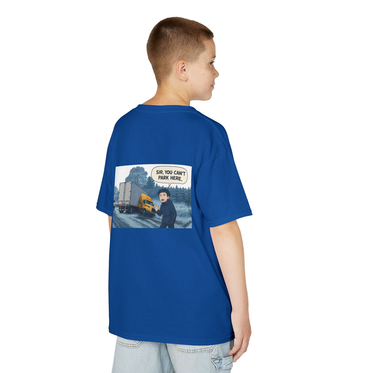 Purple kids' T-shirt with a truck design and humorous "Sir, You Can't Park Here!" print, from Printify.