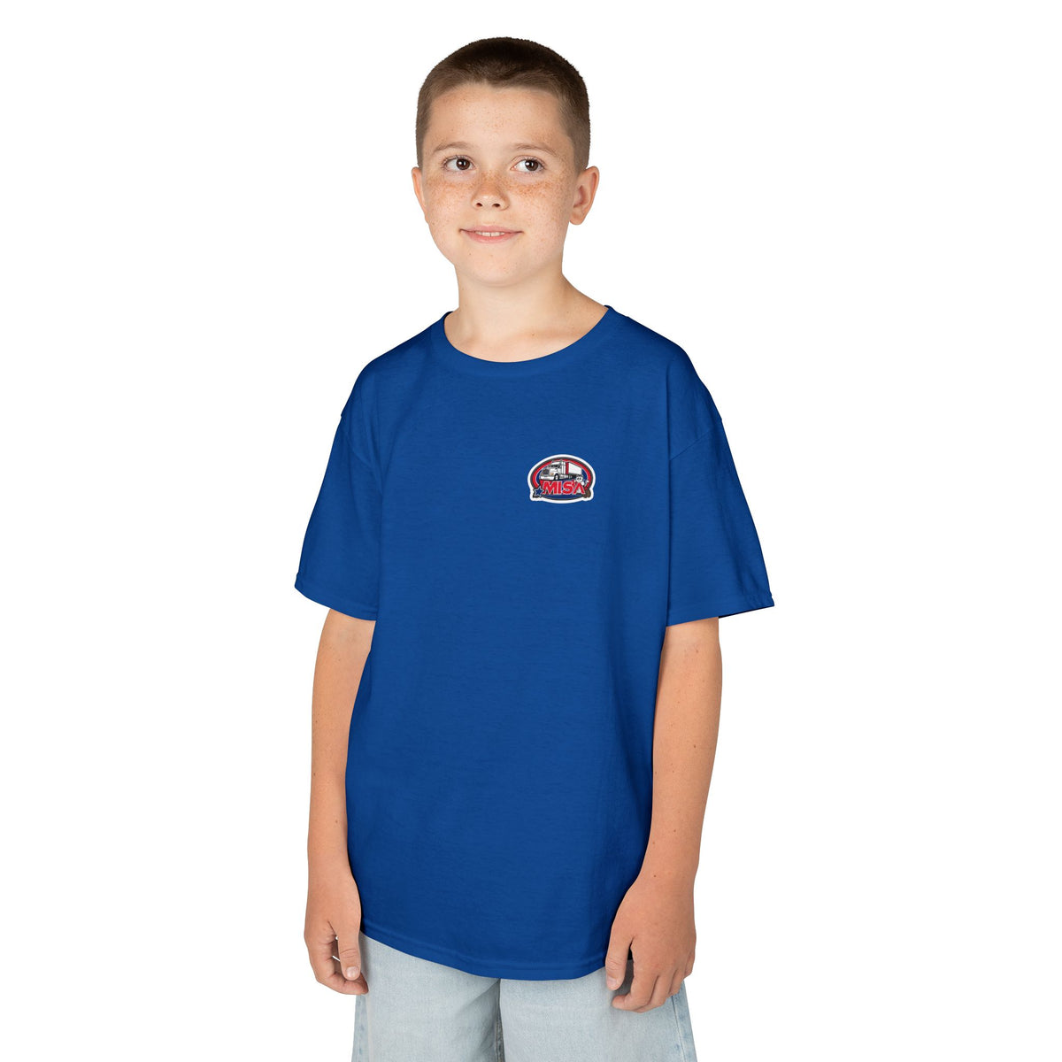 Purple kids' t-shirt with a truck design and humorous "Sir, You Can't Park Here!" message, made by Printify.