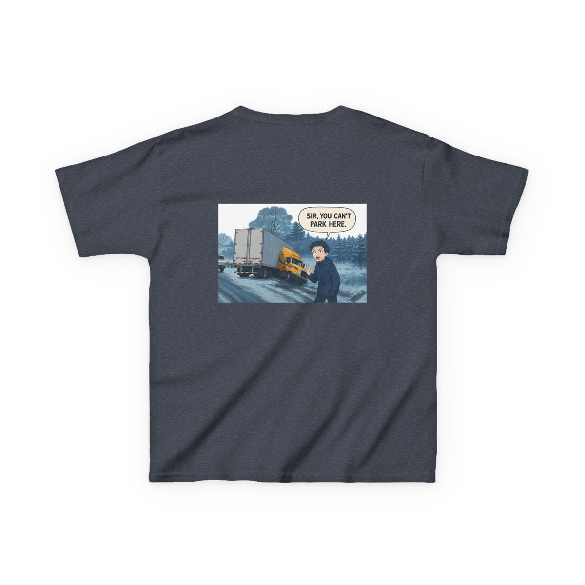 Purple kids' t-shirt with a truck design and humorous "Sir, You Can't Park Here!" print, by Printify.