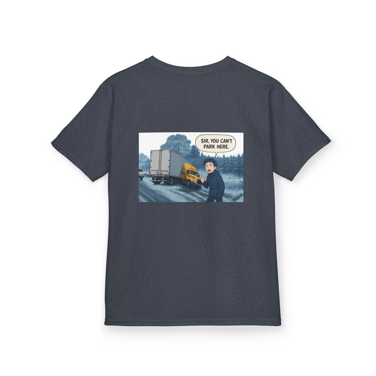 Purple kids' T-shirt by Printify featuring a humorous truck design with the text "Sir, You Can't Park Here!"