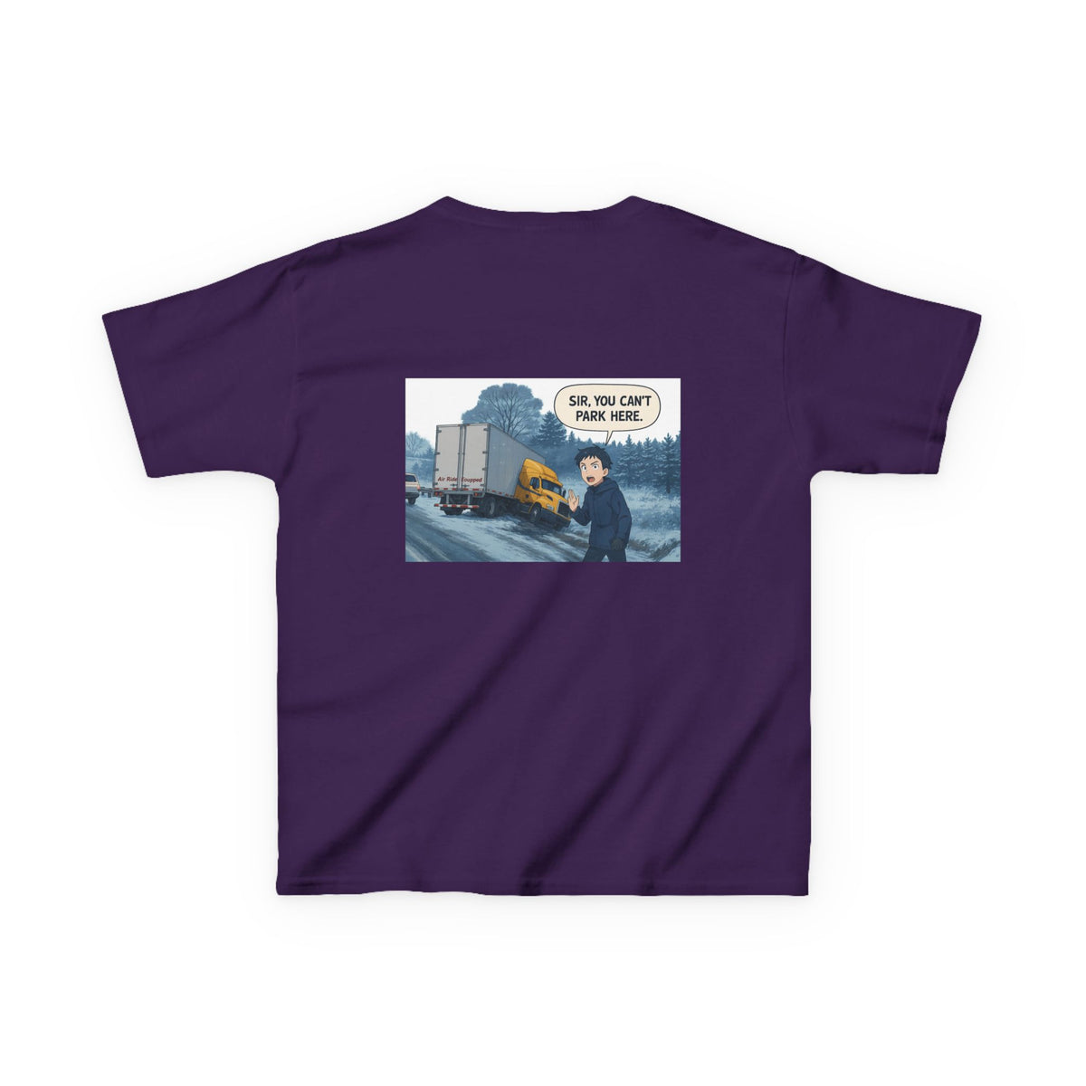 Purple kids' t-shirt by Printify featuring a humorous truck design and the phrase "Sir, You Can't Park Here!"
