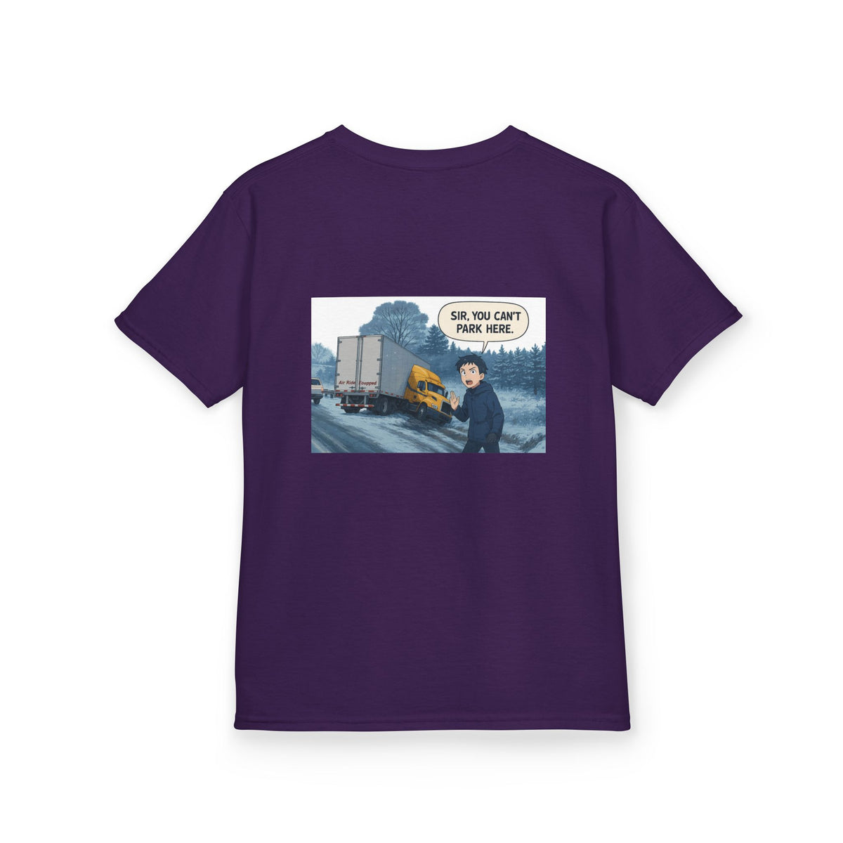 Purple kids' T-shirt with a humorous truck design, featuring the phrase "Sir, You Can't Park Here!" from Printify.