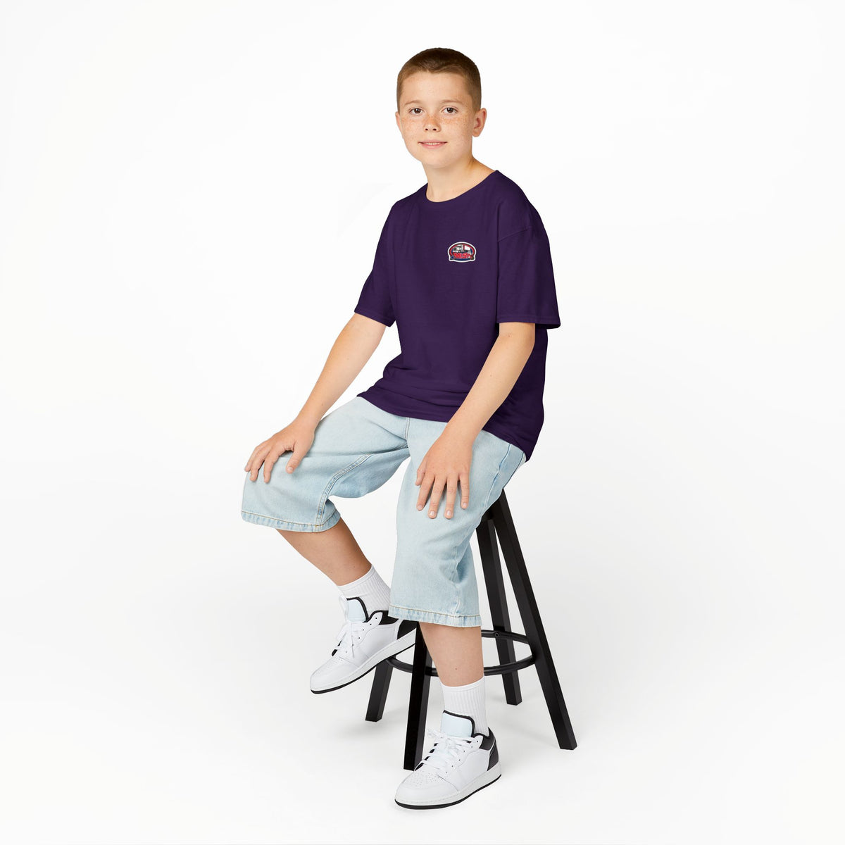Purple kids' T-shirt by Printify featuring a humorous truck design and the phrase "Sir, You Can't Park Here!"