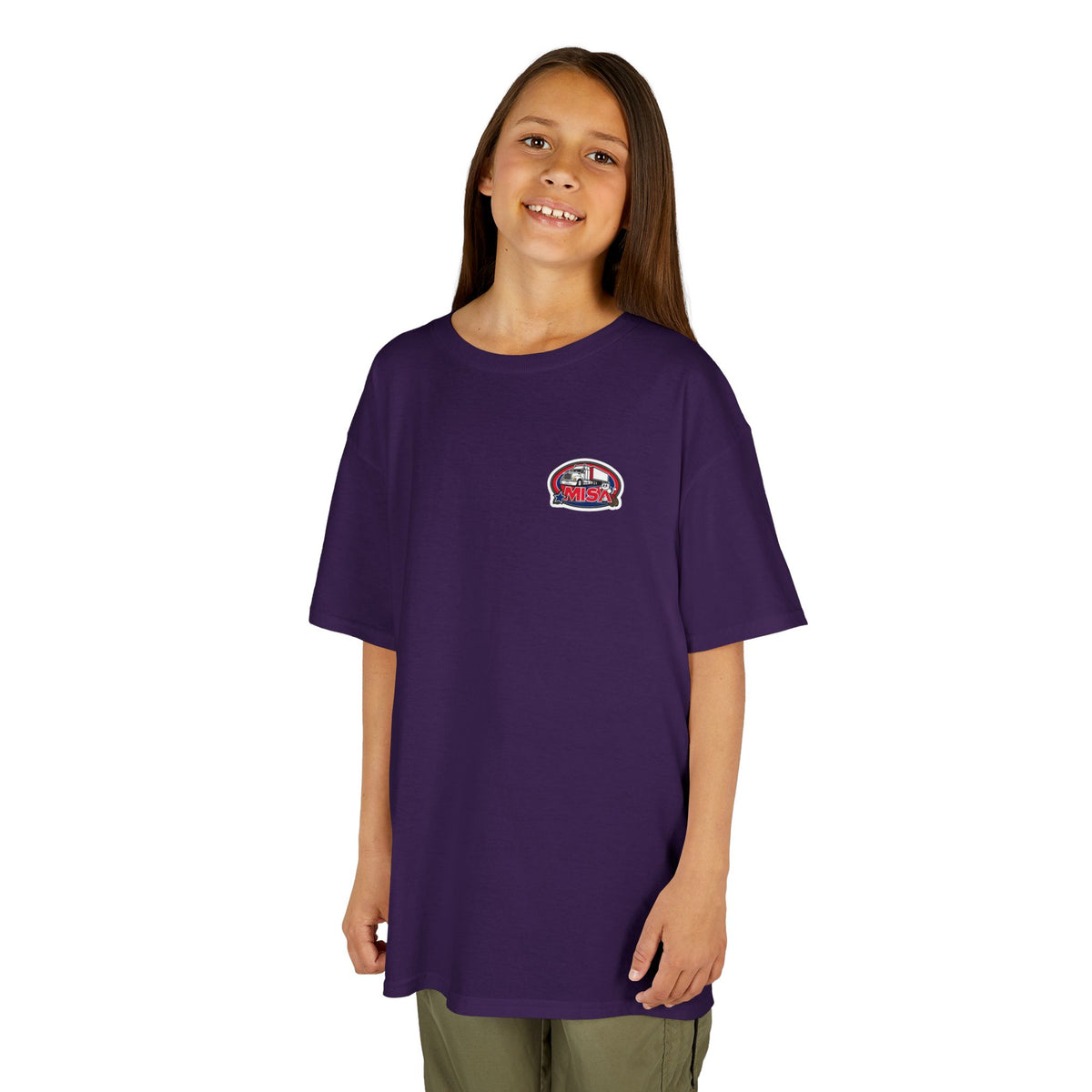 Purple kids' T-shirt by Printify featuring a humorous truck design and the phrase "Sir, You Can't Park Here!"