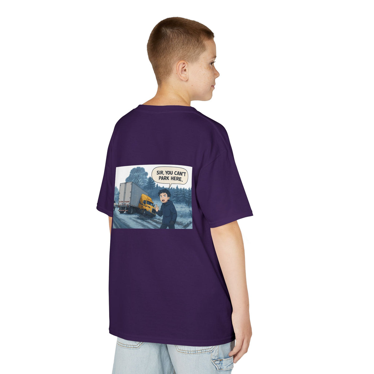 Purple kids' T-shirt with a funny truck design and the phrase "Sir, You Can't Park Here!" from Printify.