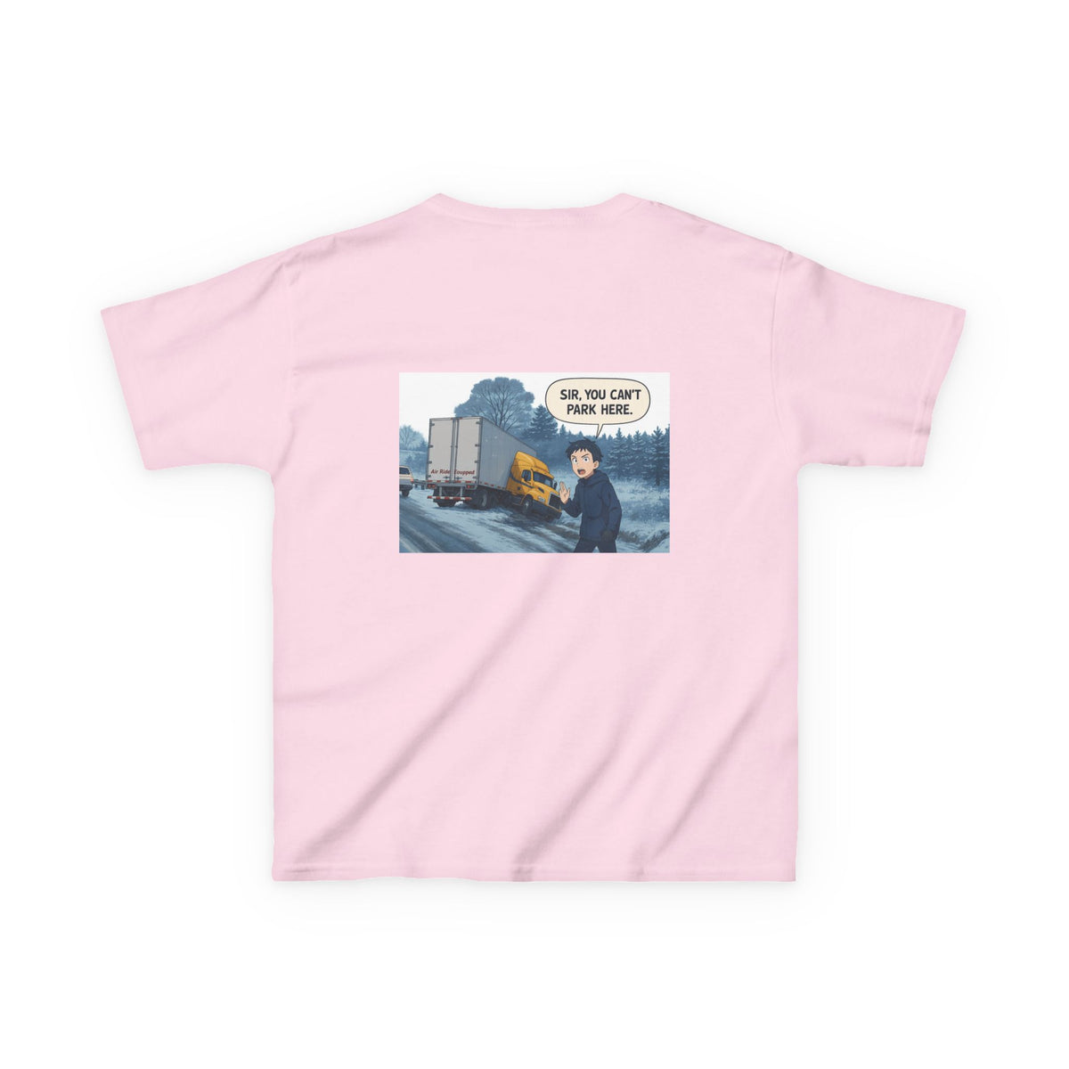 Purple kids' T-shirt by Printify featuring a humorous truck design and the phrase "Sir, You Can't Park Here!"