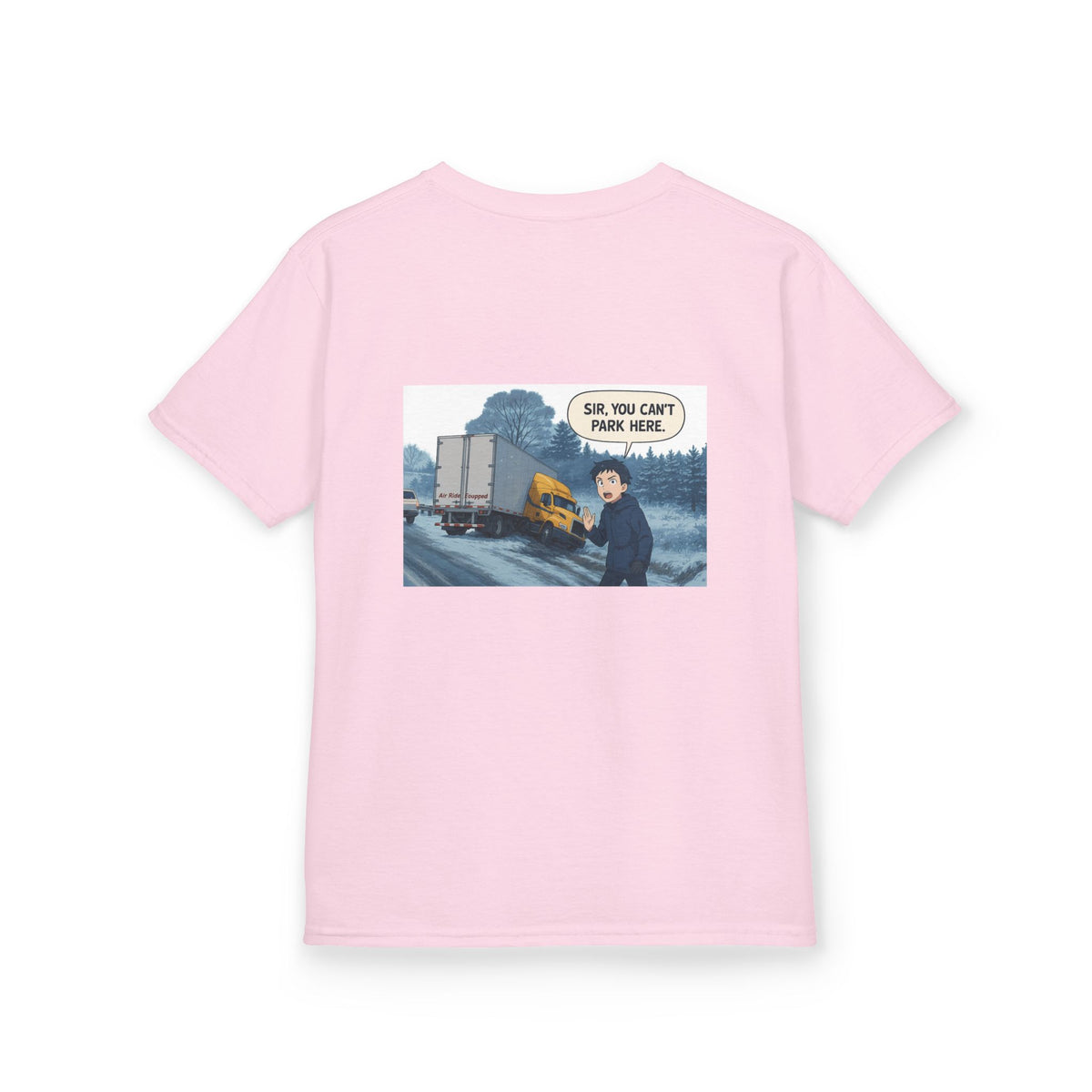 Purple kids' T-shirt by Printify featuring a humorous truck design and the text "Sir, You Can't Park Here!" on the front.