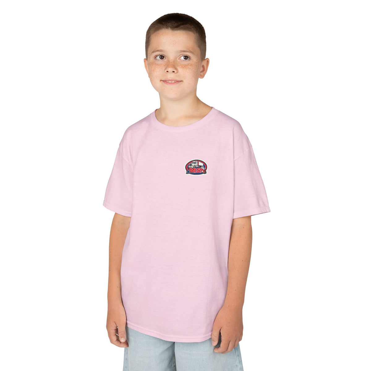 Purple kids' T-shirt with a truck design and humorous text "Sir, You Can't Park Here!" from Printify.