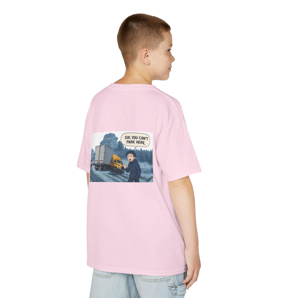 Purple kids' T-shirt by Printify featuring a funny truck design with the text "Sir, You Can't Park Here!"