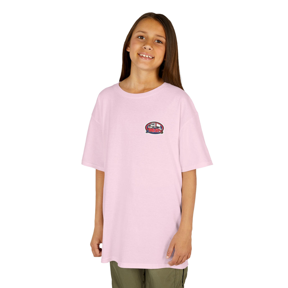 Purple kids' T-shirt featuring a truck design with the humorous message "Sir, You Can't Park Here!" by Printify.