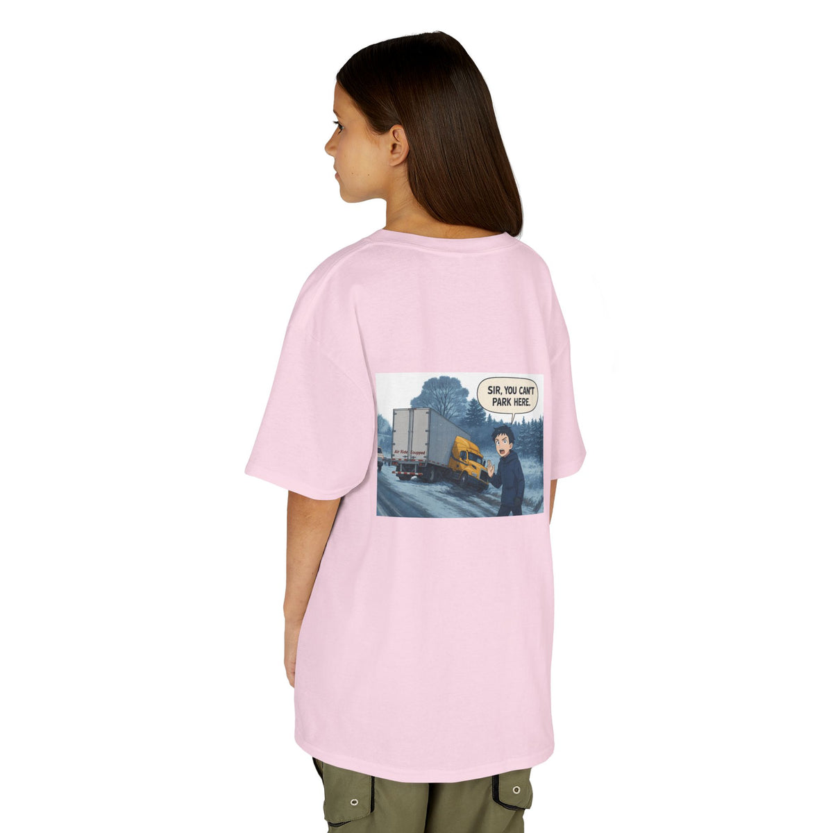 Purple kids' t-shirt by Printify featuring a truck design and humorous "Sir, You Can't Park Here!" text.