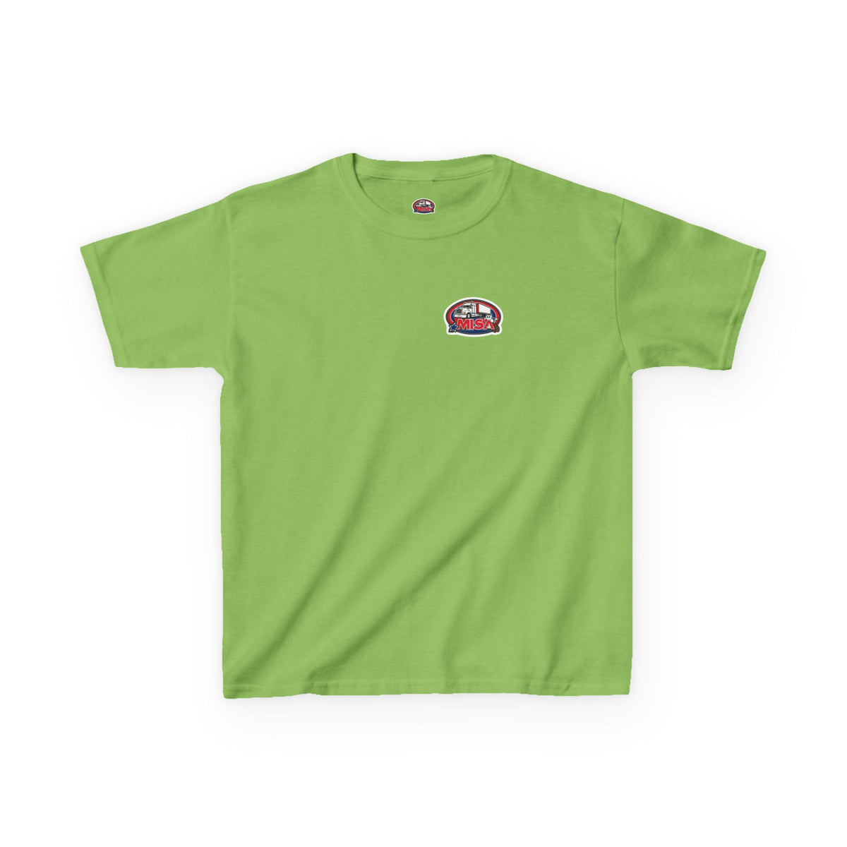 Red kids' heavy cotton T-shirt by Printify featuring a humorous truck parking design for young adventurers.
