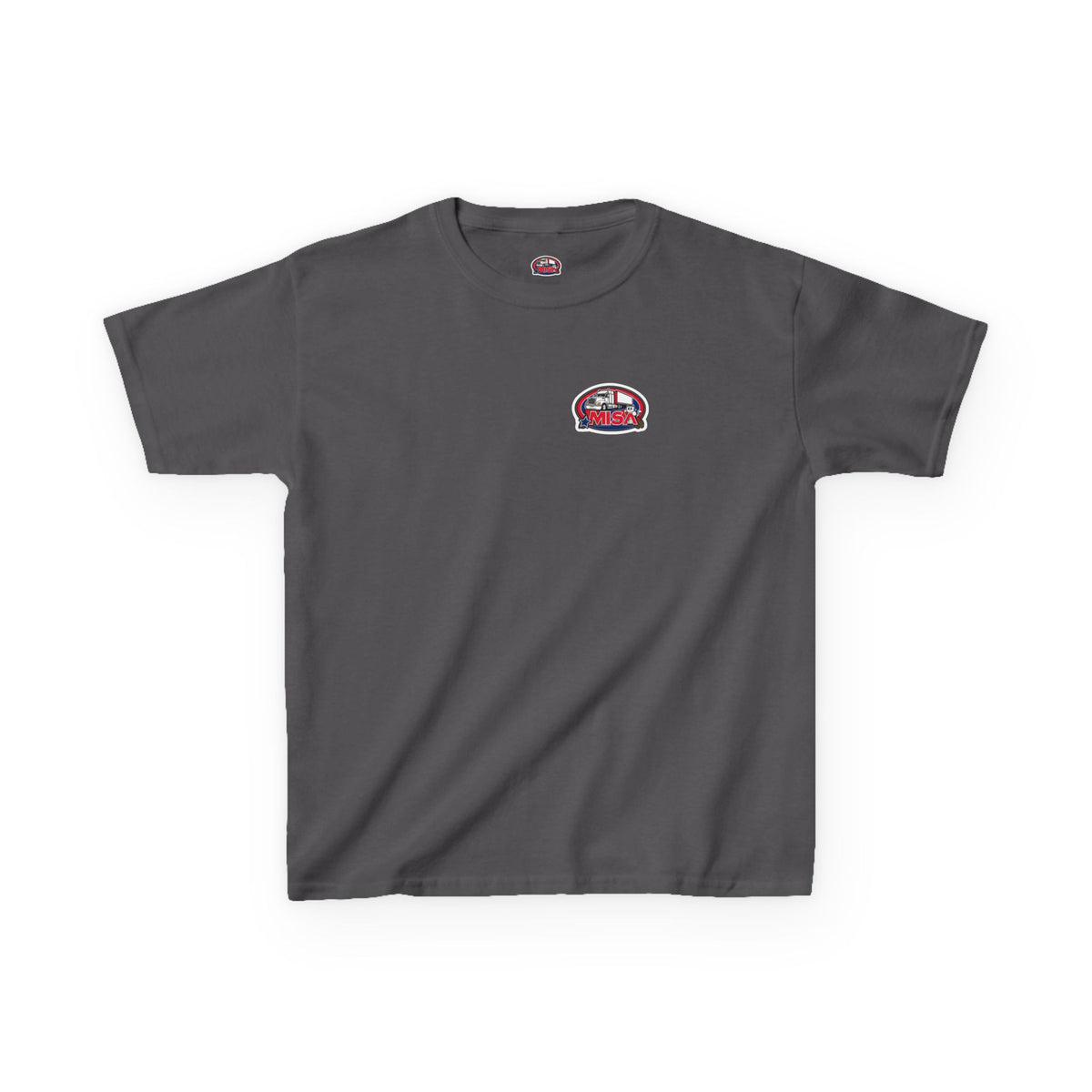 Red kids' heavy cotton tee featuring a humorous truck parking design, perfect for young adventurers, by Printify.