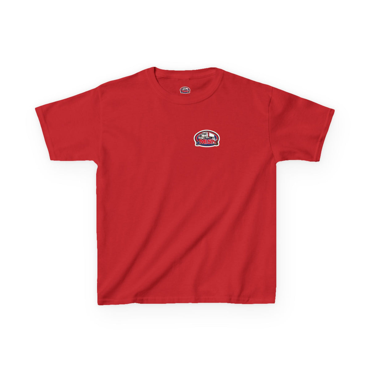Red kids' heavy cotton tee with humorous truck parking print, perfect for young adventurers, by Printify.