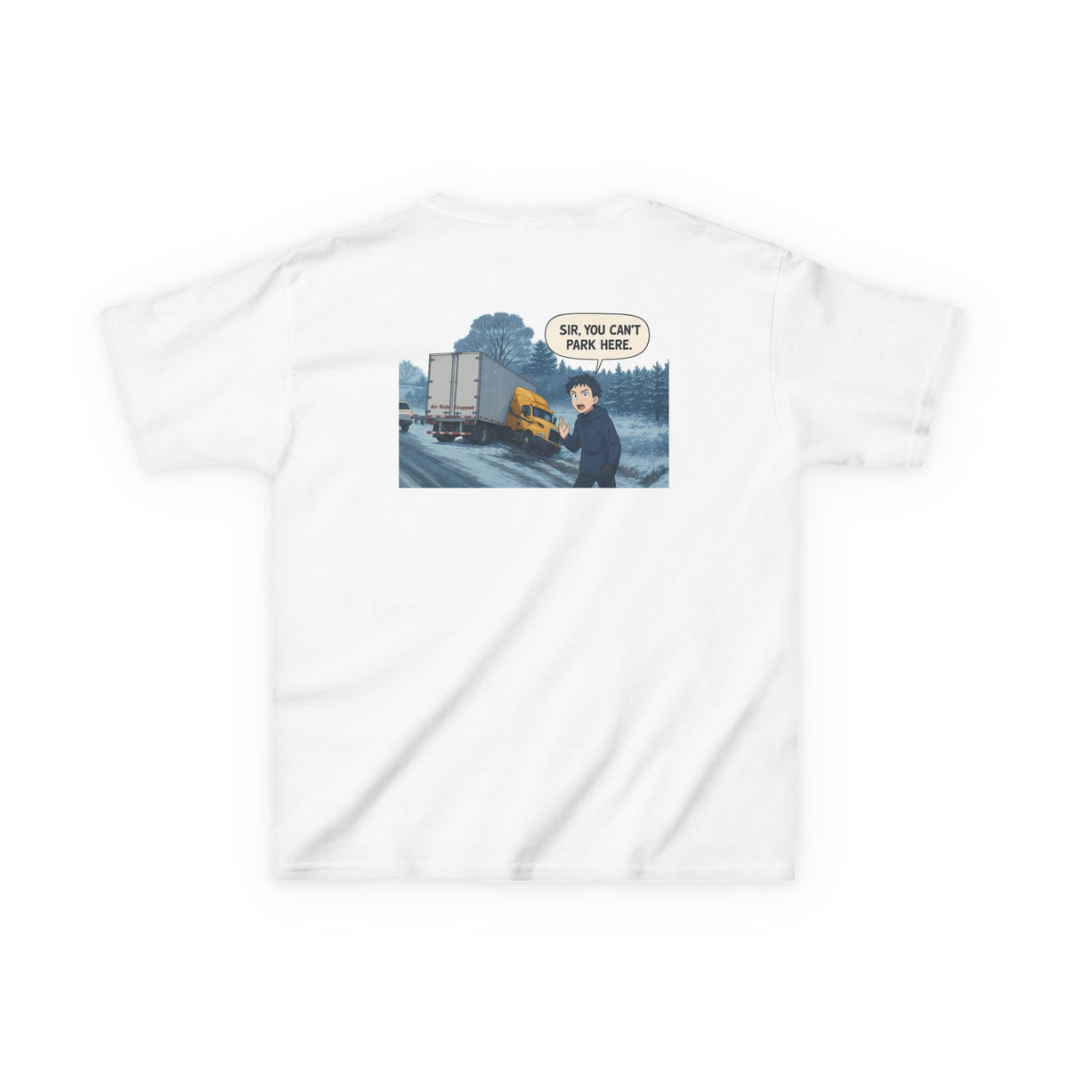 Kids heavy cotton tee featuring a humorous truck parking design, perfect for young adventurers, by Printify.