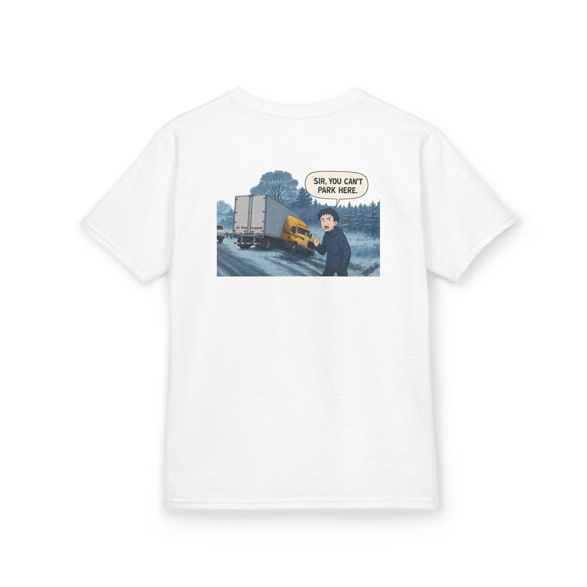 Kids heavy cotton tee by Printify featuring a humorous truck parking design, perfect for young adventurers, in red.