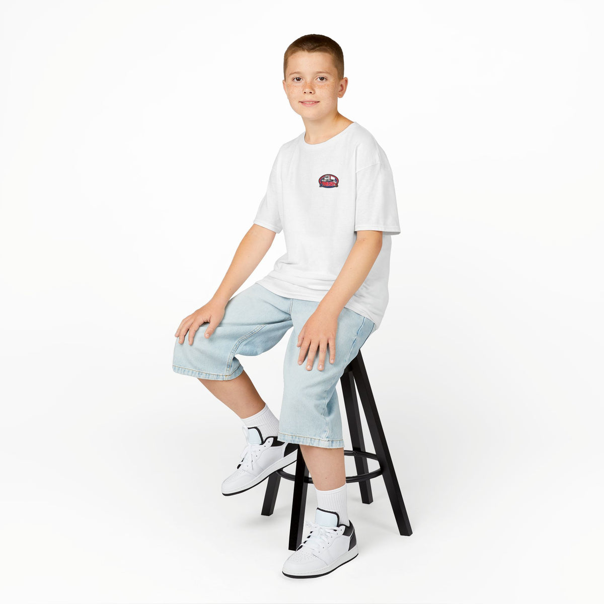 Red kids heavy cotton tee with humorous truck parking graphic, perfect for young adventurers, by Printify.