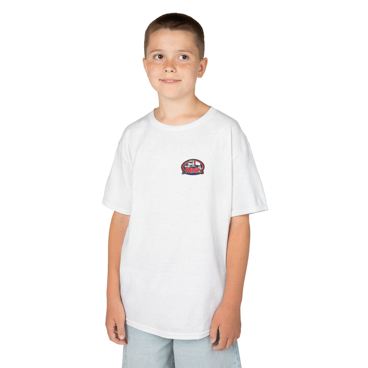 Kids heavy cotton tee by Printify featuring a humorous truck parking design, perfect for young adventurers, in red.