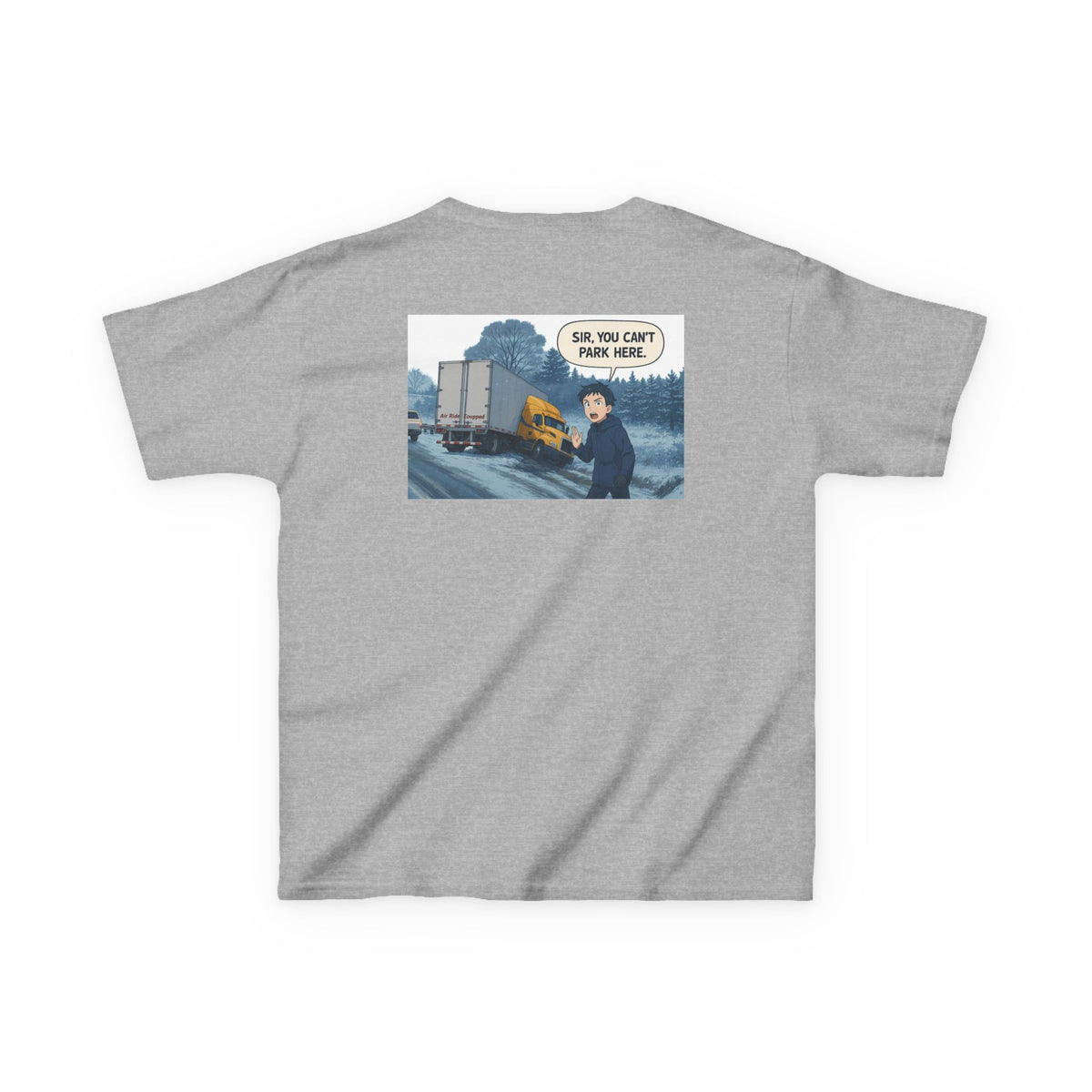 Red kids' heavy cotton truck parking tee by Printify featuring a humorous design, perfect for young adventurers.