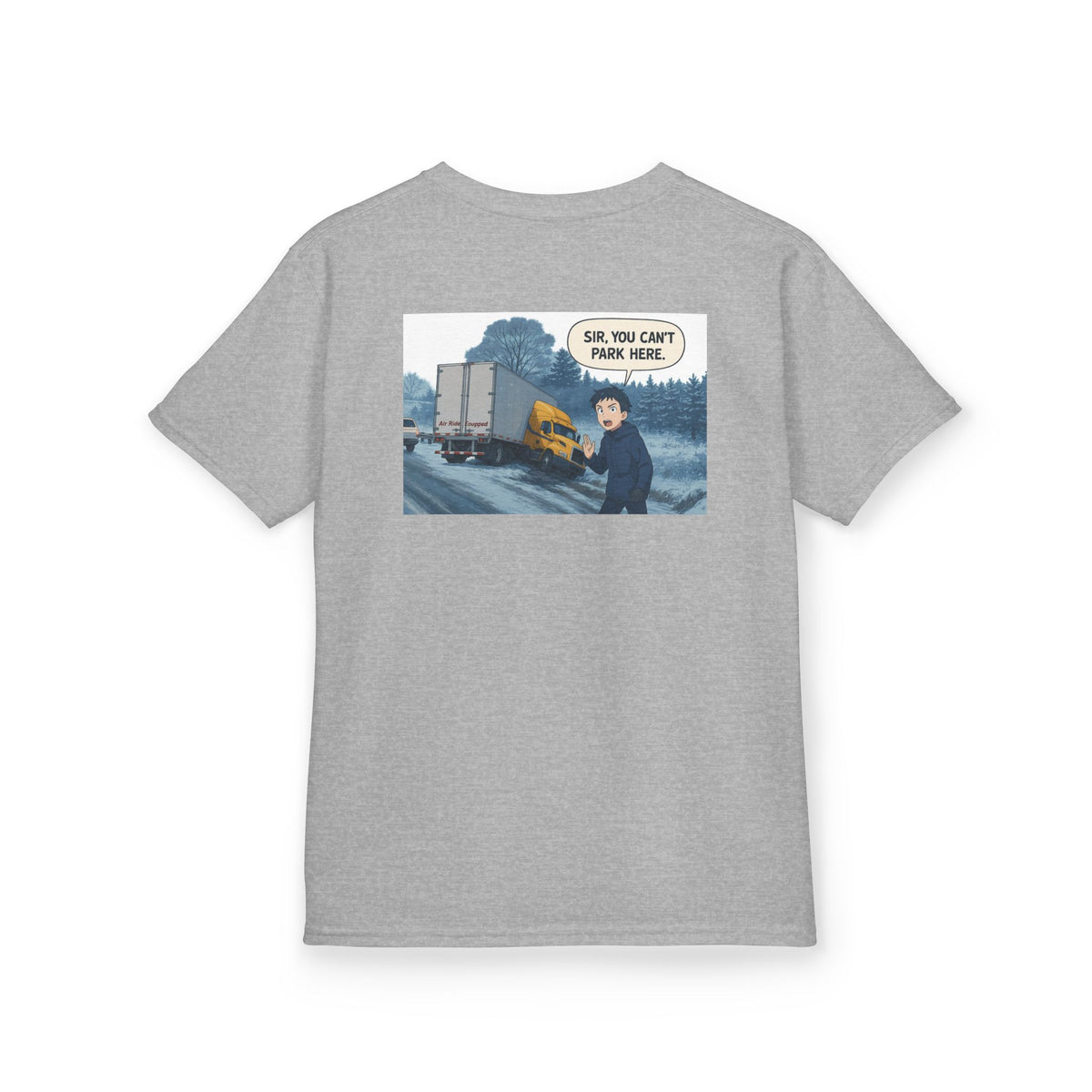 Red kids heavy cotton tee featuring a humorous truck parking design, perfect for young adventurers, by Printify.