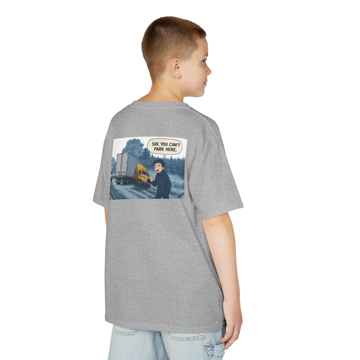 Red kids heavy cotton T-shirt with humorous truck parking print, perfect for young adventurers, by Printify.