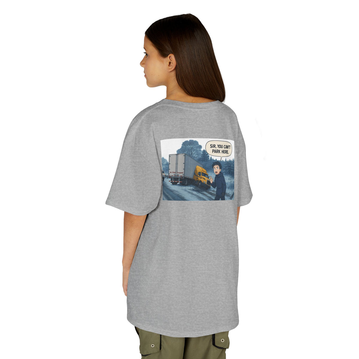 Red kids heavy cotton tee with humorous truck parking graphic, perfect for young adventurers, by Printify.