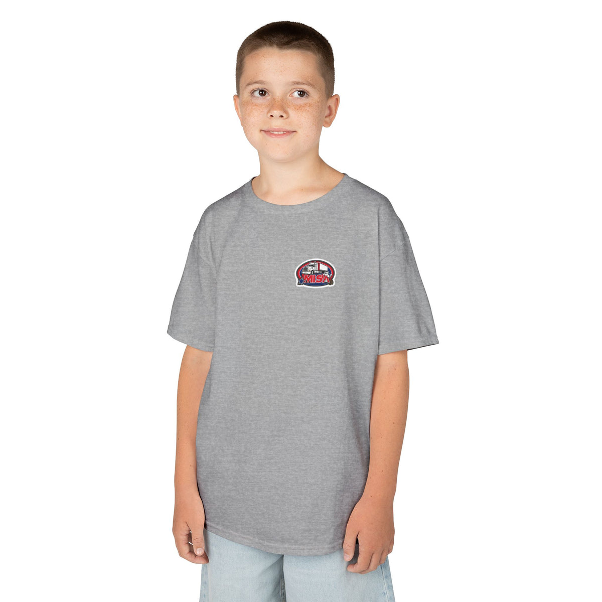 Red kids' heavy cotton t-shirt with humorous truck parking graphic, perfect for young adventurers, from Printify.