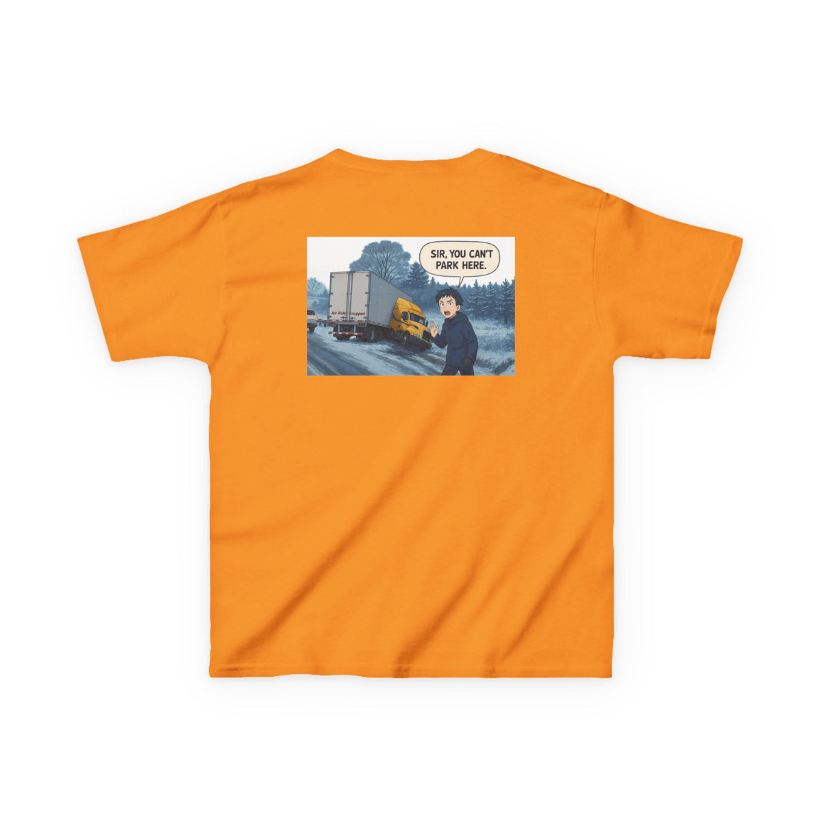 Red kids' heavy cotton truck parking tee by Printify featuring a humorous design, perfect for young adventurers.