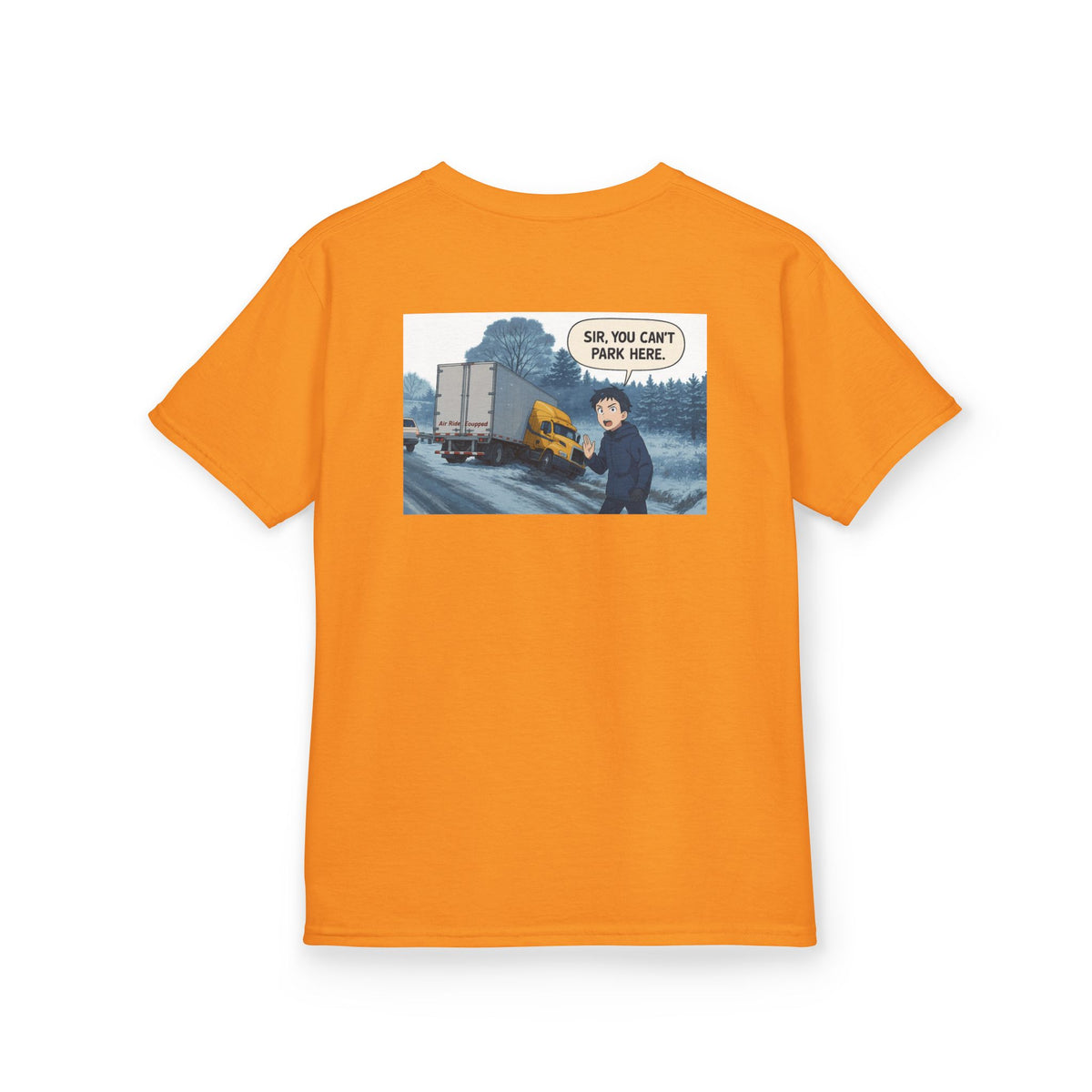Red kids' heavy cotton tee featuring a humorous truck parking design, perfect for young adventurers, by Printify.