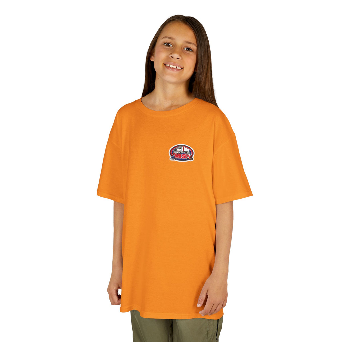 Red kids' heavy cotton tee featuring a humorous truck parking design, perfect for young adventurers, from Printify.