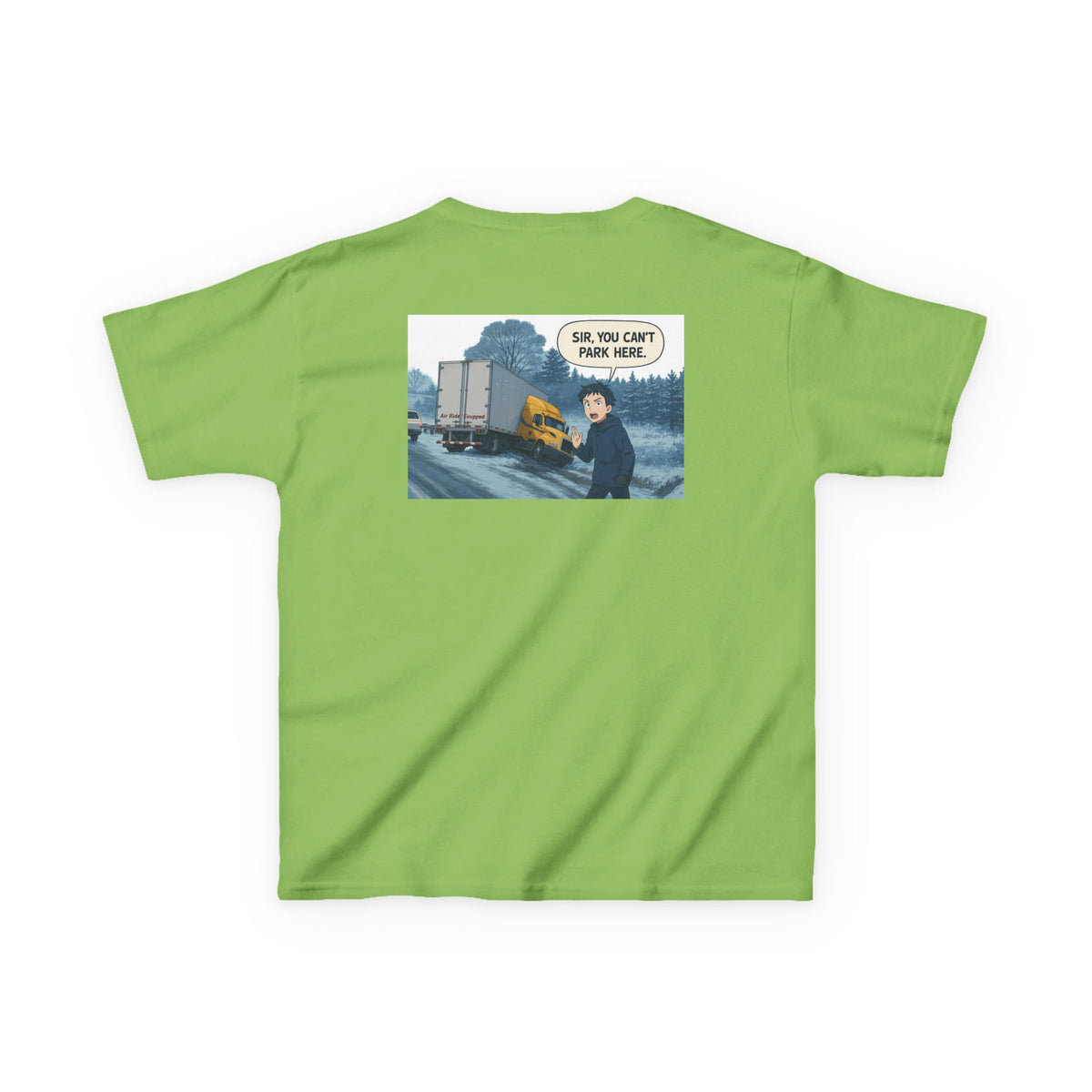 Red kids heavy cotton T-shirt with humorous truck parking graphic for young adventurers, by Printify.